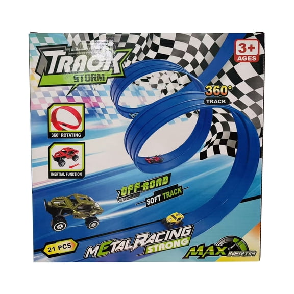 Car Toys For Toddlers, Diy Assembled Soft Track Racing Car Toy - Pullback Mechanism, Blue, 4 Small Carts & 197-Inch Track - For Kids, Boys, Girls, Toddlers