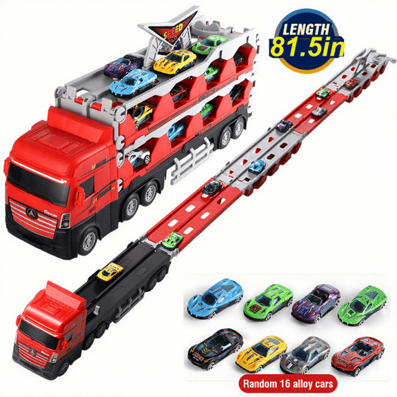 Car Track Toys Transport Truck Playset with 16 Mini Race Car, Foldable Catapult Track for Kids Ages 3+ Christmas Birthday Gifts