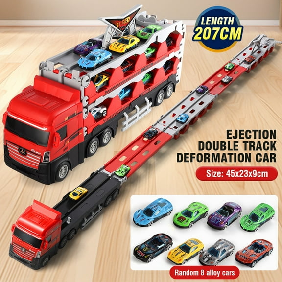 Car Track Toys Transport Truck Playset with 8 Mini Race Car, Foldable Catapult Track for Kids Ages 3+ Christmas Birthday Gifts