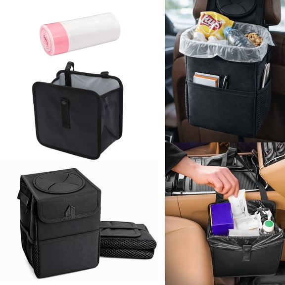 Car Trash Can 2 Pack Set, 1 with Lid & 1 Open Top Car Garbage Can Organizer with Storage Pockets for Front & Back Seat, Includes 20 Drawstring Trash Bags