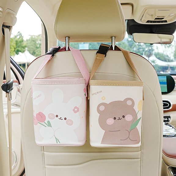 Car Trash Can 2025, Cute Bear Tulip Hanging Garbage Bin for Vehicle, Multifunctional Car Organizer Storage Box, Creative Back Seat Trash Bag Holder Interior Accessories a