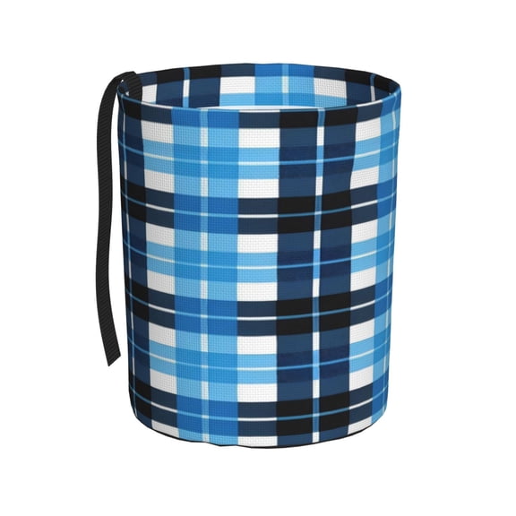 Car Trash Can 600d Oxford Water-Resistant Cylindrical With Support Rod Universal Fit For Suv Sedan Truck Easy Strap Installation Blue And Black Checkered Pattern