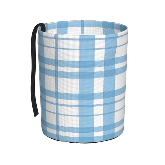Car Trash Can 600d Oxford Water-Resistant Cylindrical With Support Rod Universal Fit For Suv Sedan Truck Easy Strap Installation Blue And White Checkered Pattern