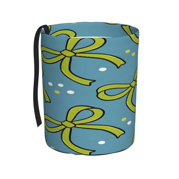 Car Trash Can 600d Oxford Water-Resistant Cylindrical With Support Rod Universal Fit For Suv Sedan Truck Easy Strap Installation Green Bow With White Dots