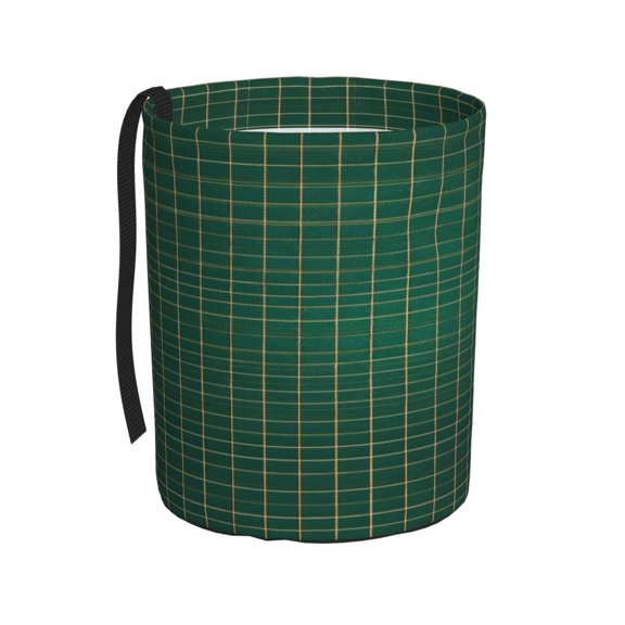 Car Trash Can 600d Oxford Water-Resistant Cylindrical With Support Rod Universal Fit For Suv Sedan Truck Easy Strap Installation Green Checkered Pattern