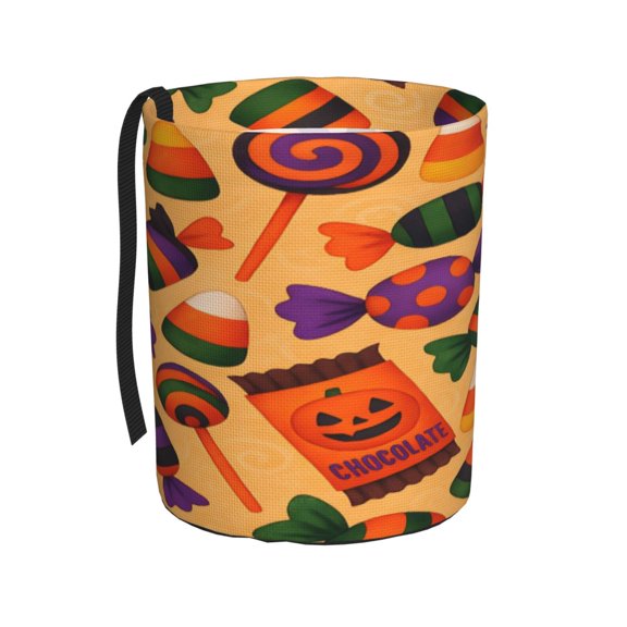 Car Trash Can 600d Oxford Water-Resistant Cylindrical With Support Rod Universal Fit For Suv Sedan Truck Easy Strap Installation Halloween Candy Pattern