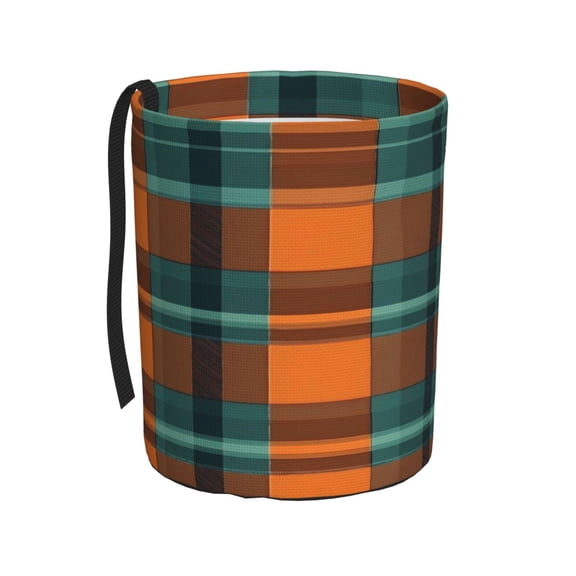 Car Trash Can 600d Oxford Water-Resistant Cylindrical With Support Rod Universal Fit For Suv Sedan Truck Easy Strap Installation Orange And Blue Checkered Pattern