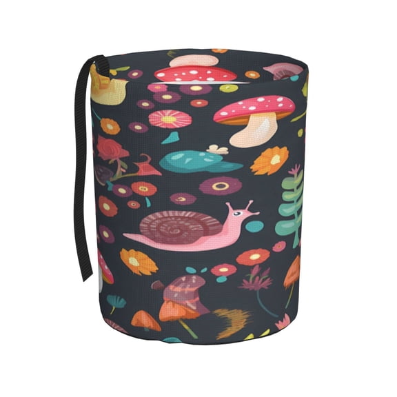 Car Trash Can 600d Oxford Water-Resistant Cylindrical With Support Rod Universal Fit For Suv Sedan Truck Easy Strap Installation Snail Mushroom Flower