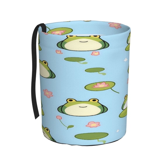 Car Trash Can 600d Oxford Water-Resistant Cylindrical With Support Rod Universal Fit For Suv Sedan Truck Easy Strap Installation Cute Frog