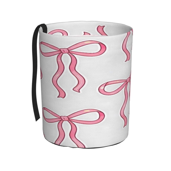 Car Trash Can 600d Oxford Water-Resistant Cylindrical With Support Rod Universal Fit For Suv Sedan Truck Easy Strap Installation Pink Bow