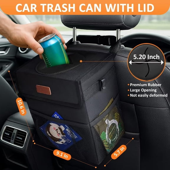 Car Trash Can Bin with Lid Hanging for Back Seat, Car Accessories for Women Men Leak Proof Automotive Garbage Cans Leakproof Vehicle Trash Can for Truck SUV Black