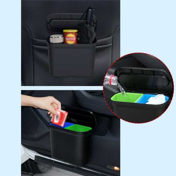 Car Trash Can with Storage Compartments, 1.7L Hanging Organizer Box for Door or Seat Back, Leak-Proof Multi-Purpose Bin for Snacks Drinks Garbage and Daily Essentials in All Vehicles