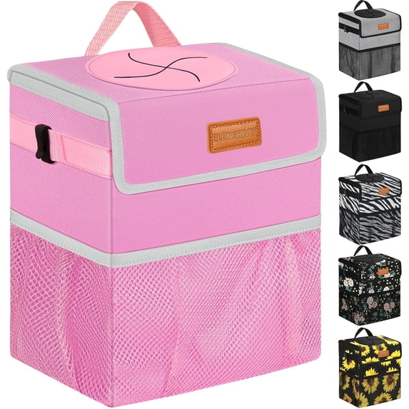 Car Trash Can for SUVs, Trucks, Vans - Pink, 2 Gallons Capacity, Leak-Proof Liner, Utility Clasps, Cute Design
