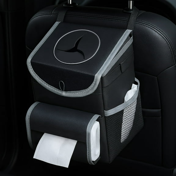 Xueyu Car Trash Can with Lid, Cute Leakproof Car Trash Garbage Bag Hanging Vehicle Trash Bin Portable Organizer for Back/Front Seat/Console, Adjustable Tissue Holder & Straps, Black