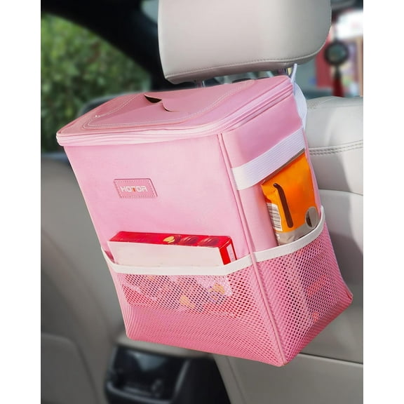 Car Trash Can with Lid and Storage Pockets - 100% Leak-Proof Organizer, Waterproof Garbage Can, Multipurpose Trash Bin for Car, 2 Gallons, Pink