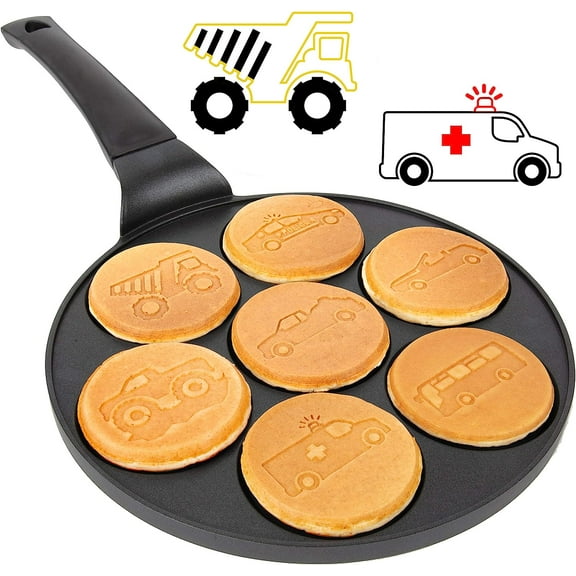 Car & Truck Mini Pancake Pan - Make 7 Unique Flapjack Cars, Non Stick Pancake Maker Griddle for Breakfast Fun & Easy Cleanup
