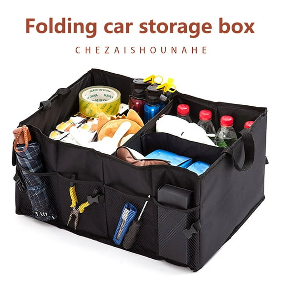 Car Trunk Backseat Organizer, Car Basket Storage, Tote Organizer, Small Black Collapsible Snack Bins, Trunk Storage Box, Foldable Cargo Net Storage, with Adjustable Straps, for Car SUV Sedan