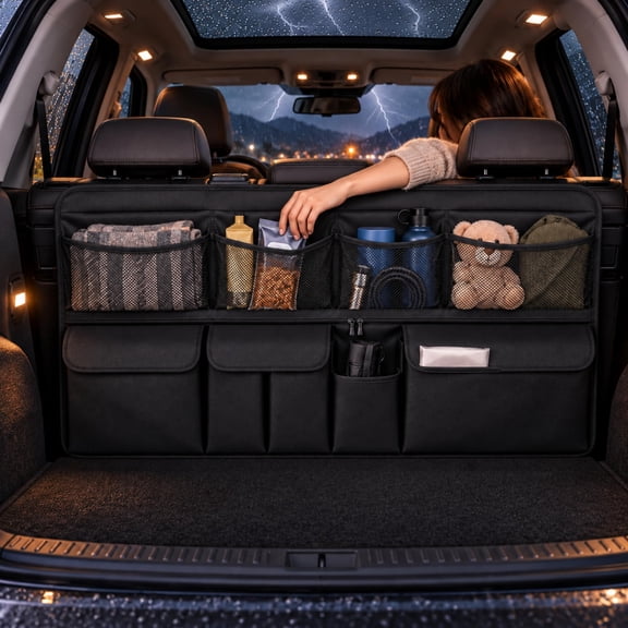 Car Trunk Hanging Organizer, Large Capacity Mesh Backseat Storage Bag with Multi Pockets & Hook & Loop Backing – for SUV, MPV & Truck