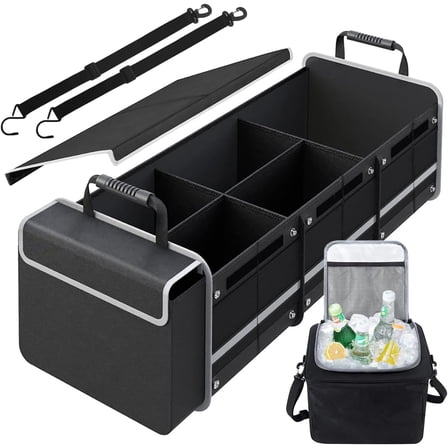 Car Trunk Organizer,115L Heavy Duty Collapsible Trunk Storage, with Insulated Leakproof Cooler Bag Vehicle Cargo Organizer with Lid, 3 Compartments, Straps For Car,Suv,Jeep,Sedan