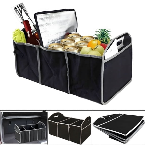 Car Trunk Organizer 3 Section Collapsible Storage Box, Foldable Cargo Organizer with Handles and Mesh Pockets for SUV Truck Van Car, Black