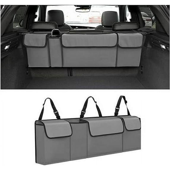 Car Trunk Organizer, Backseat Hanging Large Storage with Adjustable Straps, Waterproof Collapsible Cargo Bag with 4 Pockets, Sturdy Space Saver Frees Trunk Floor for SUV, Truck, MPV