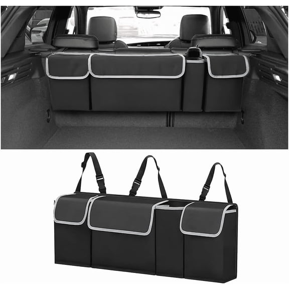 Car Trunk Organizer, Backseat Hanging Large Storage with Adjustable Straps, Waterproof Collapsible Cargo Bag with 4 Pockets, Sturdy Space Saver Frees Trunk Floor for SUV, Truck, MPV