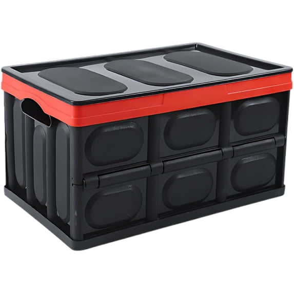 Car Trunk Organizer, Foldable Plastic Cargo Storage Box with Lid, Large Car Tool Container with Handles, Universal Automotive Organization Accessories for Camping, Groceries (Black)