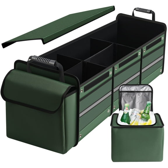 Car Trunk Organizer,Heavy Duty Collapsible Car Trunk Storage Organizer, with Insulated Leakproof Cooler Bag Car Cargo Trunk Organizer with Lid, 3 Compartments, with Straps For Car Suv/Jeep/Sedan