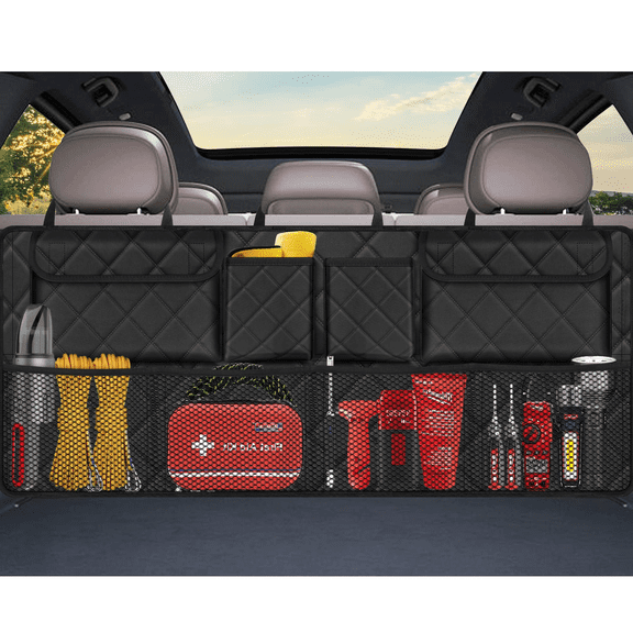 Car Trunk Organizer, Large Capacity Backseat Trunk Organizer (35"*18"), Collapsible Car Storage Bag with 8 Pockets, SUV/MPV/Truck - Black