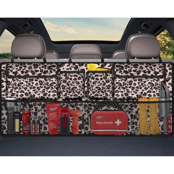 ThrottleT-Car Trunk Organizer,Large Capacity Backseat Trunk Organizer(42"*18"),Collapsible Car Storage Bag with 8 Pocekt,Car Organizer for SUV/MPV/Truck - Leopard print