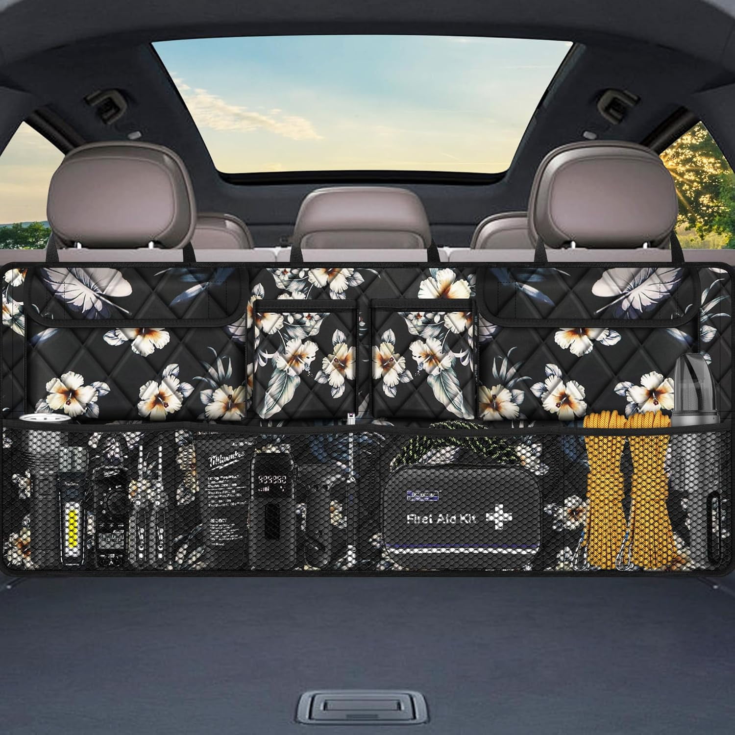 Car Trunk Organizer, Large Capacity Backseat Trunk Organizer (42"*18"), Collapsible Car Storage Bag with 8 Pockets - Hibiscus