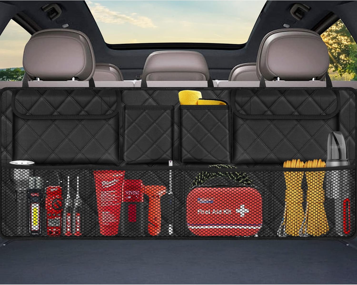 Car Trunk Organizer, Large Capacity Backseat Trunk Organizer (42"*18"), Collapsible Car Storage Bag with 8 Pockets, SUV/MPV/Truck - Black