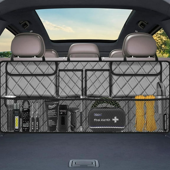 Car Trunk Organizer, Large Capacity Backseat Trunk Organizer (42"*18"), Collapsible Car Storage Bag with 8 Pockets, SUV/MPV/Truck - Grey