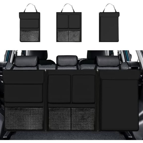 Car Trunk Organizer, Large Capacity Trunk Organizer for SUV, Detachable Vehicle Seat Back Hanging Storage Organizer with Zippers, Waterproof Car Storage Bag with 7 Pockets (Black)