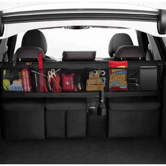 Car Trunk Organizer and Storage (41" X 20"), Back Seat Hanging Bag for SUVs, Trucks, and MPVs — Waterproof, Foldable Car Storage Bag with 5 Pockets, Mesh Pocket, and Snap(Black).