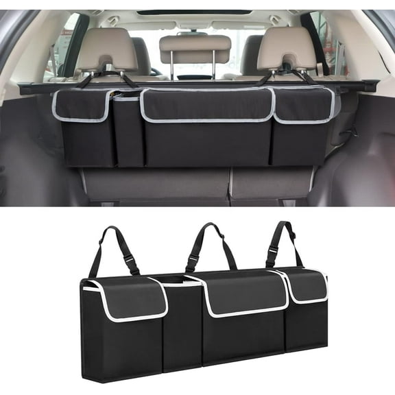 Car Trunk Organizer and Storage, Backseat Hanging Organizer for SUV, Truck, MPV, Waterproof, Collapsible Cargo Storage Bag with 4 Pockets, Car Interior Accessories for Men and Women (Black)