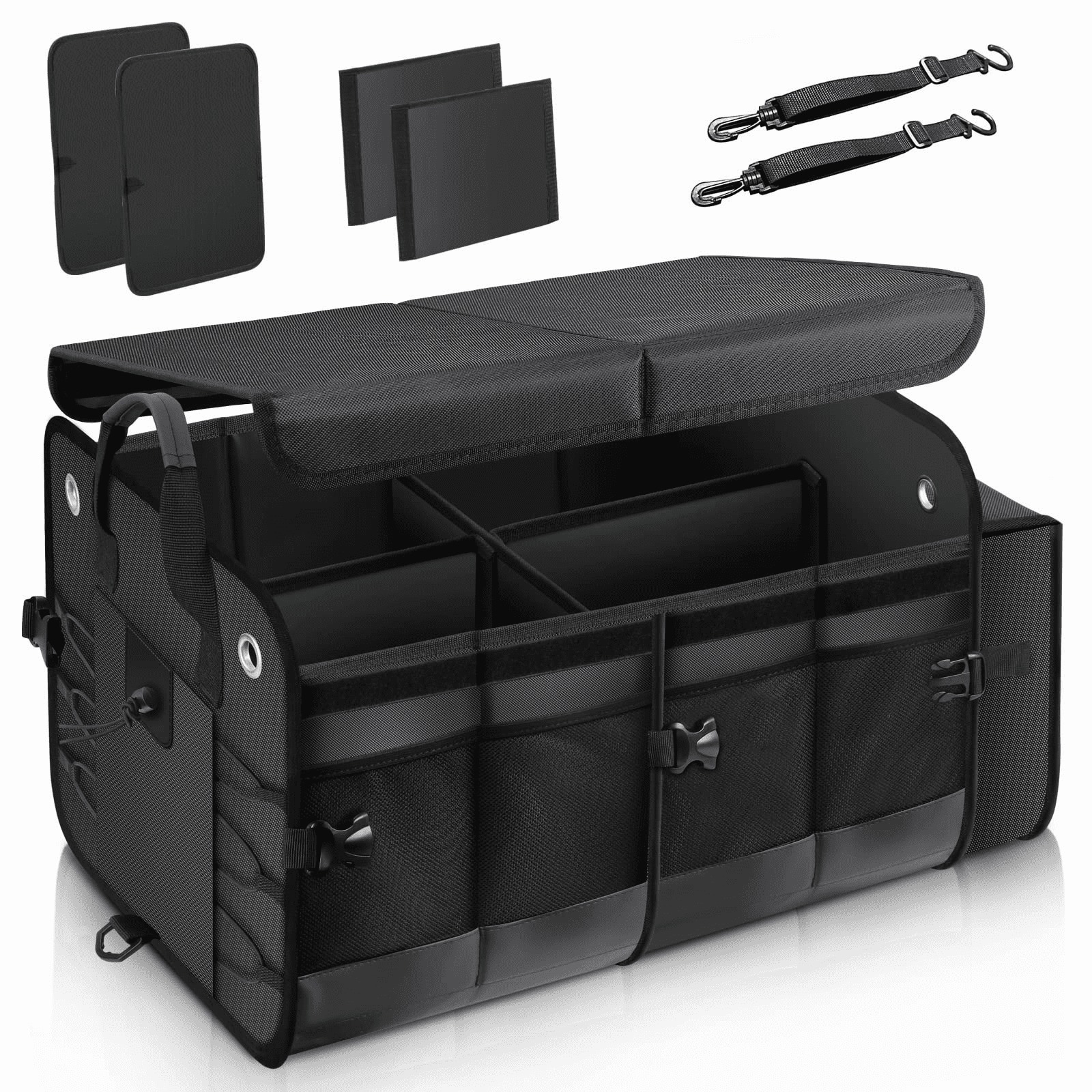 Car Trunk Organizer with Lid Collapsible 4 compartments Suitable for Any Car, SUV, Truck, or Van