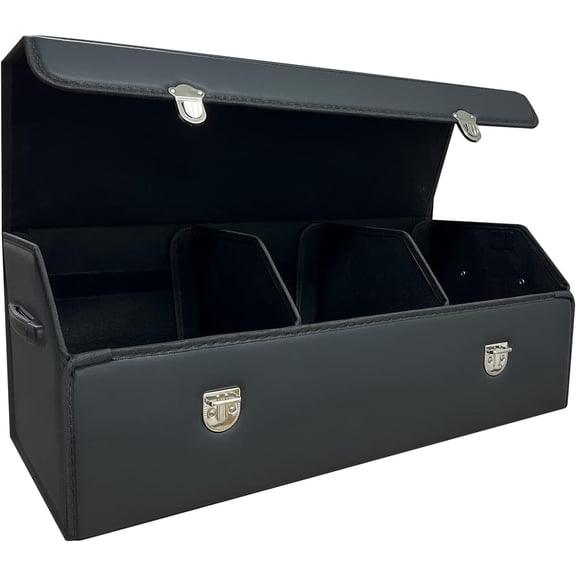 Car Trunk Organizer with Lid,Foldable Faux Leather Cargo Storage Box,3 Compartments,Collapsible Multi-Functional for SUV,Sedan,Vehicle Trunk