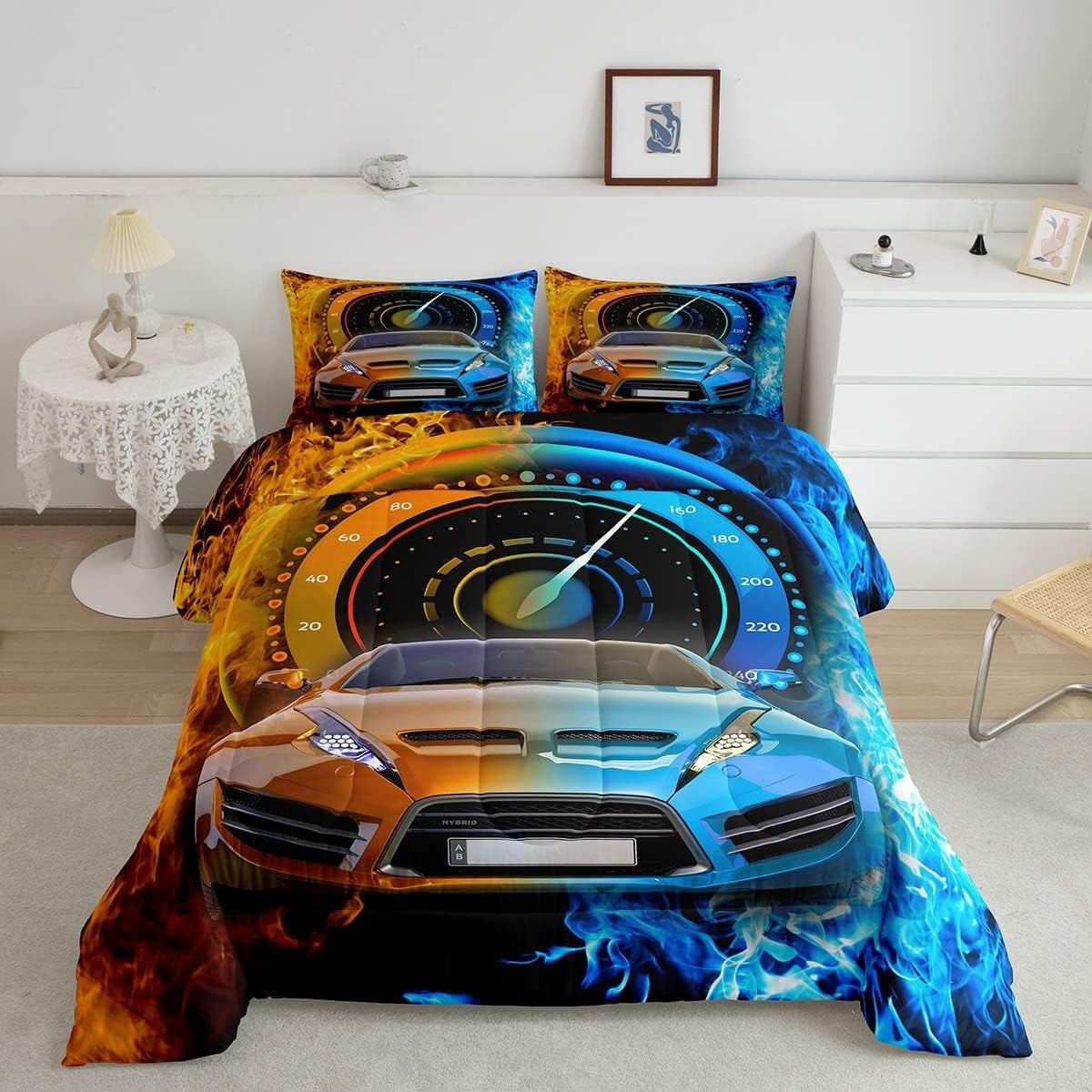 Car Twin Comforter Set for Kids Boys Girls,Blue Yellow Red Sports Car