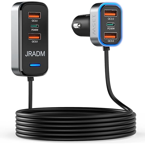 Car USB Charger Multi Port, 135W Fast USB C Car Charge PD 45W 30W & QC3.0 30W Multiple Car Charger, Multiple Devices Car Travel Charger with 5FT Cable for iPhone 16 15 Pro Max 14/iPad/Samsung S24/23