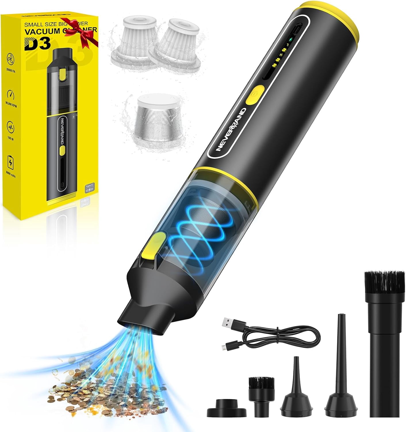 Car Vacuum - 20000Pa Powerful Suction Mini Vacuum Cleaner Blowing & Inflating 4-in-1 Portable Vacuum Cordless for Car, Office Desk, Keyboards