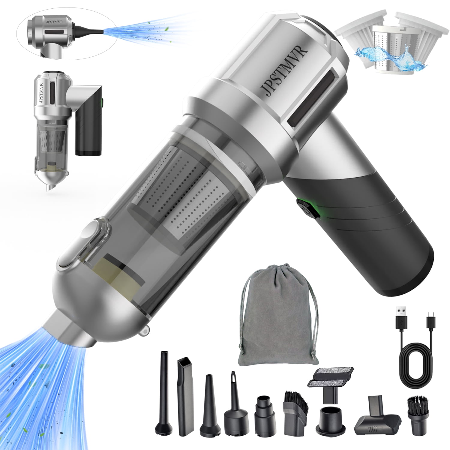 Car Vacuum Cleaner, 18000PA Vacuum Portable Cordless, 4 in 1 Air Duster with LED Light and Multi-Nozzles, 120W High Power Rechargeable Foldable Vacuum Cleaner for Home, Office, Pet