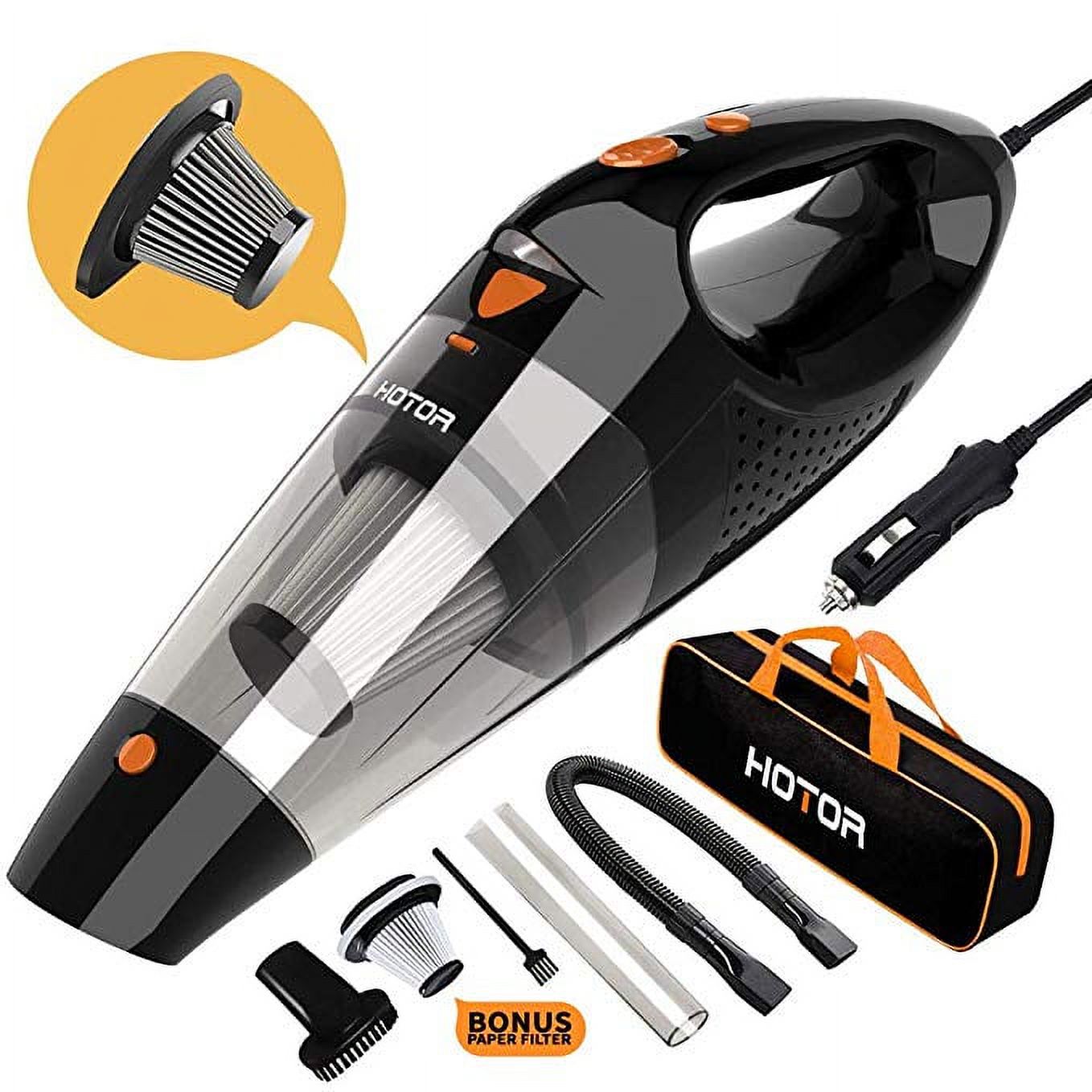 Car Vacuum, HOTOR Corded Car Vacuum Cleaner High Power for Quick Car Cleaning, DC 12V Portable Auto Vacuum Cleaner for Car Use Only - Orange - image 1 of 8