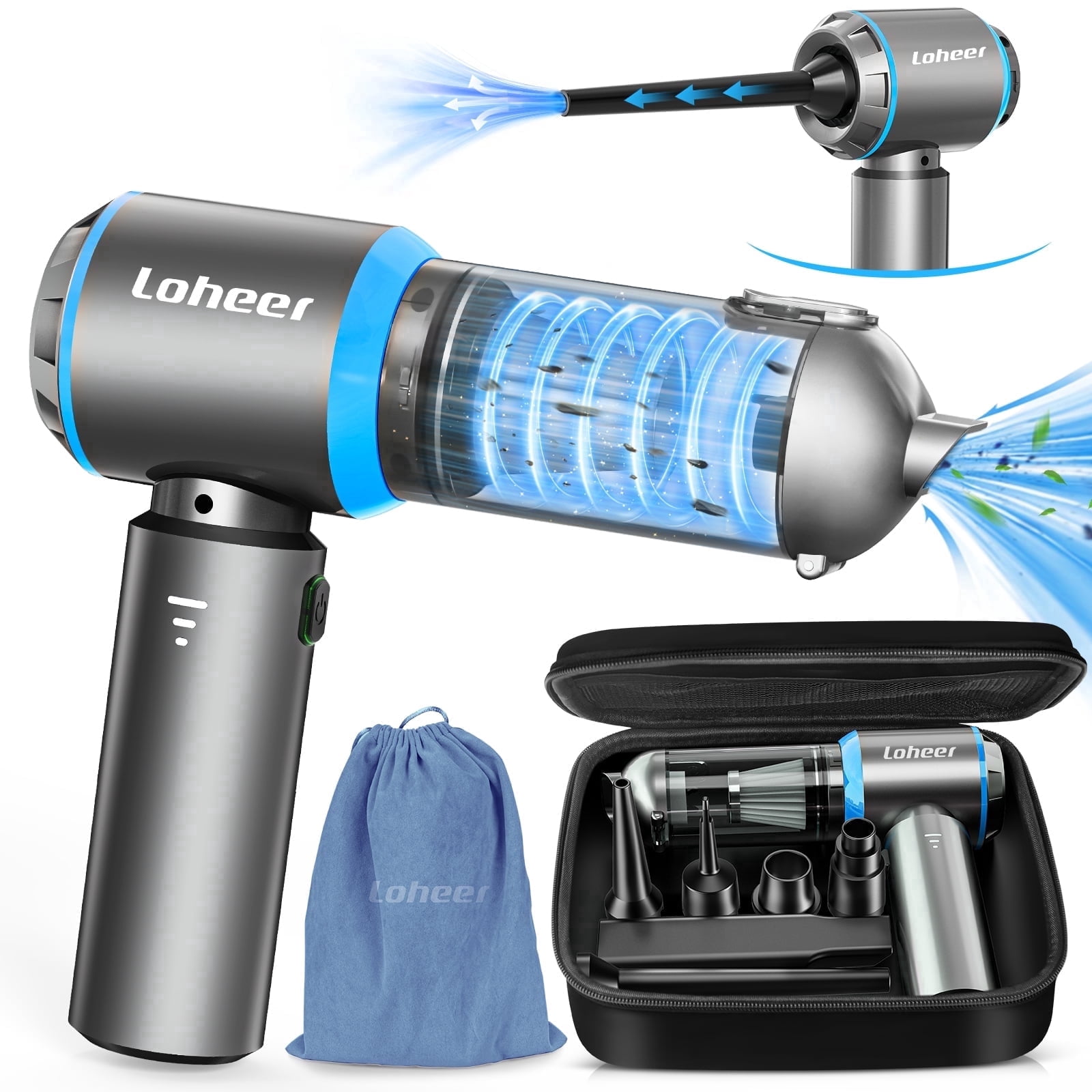 Car Vacuum Cleaner Portable Cordless with Brushless Motor, 15000PA High Power Handheld Vacuum and 4-in-1 Compressed Air Duster for Home Pet Hair, Blue