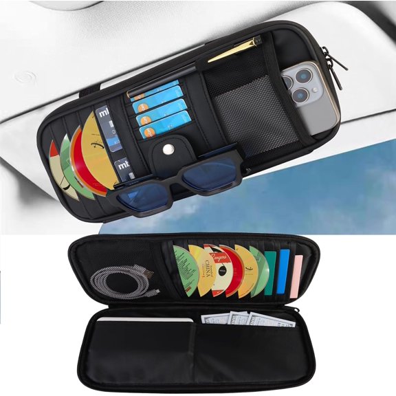 Car Visor Organizer CD Holder, Faux Leather Multi-Pocket Storage for Car/SUV/Truck with 13 Sleeves, Sunglass Clip, Card Case Accessories