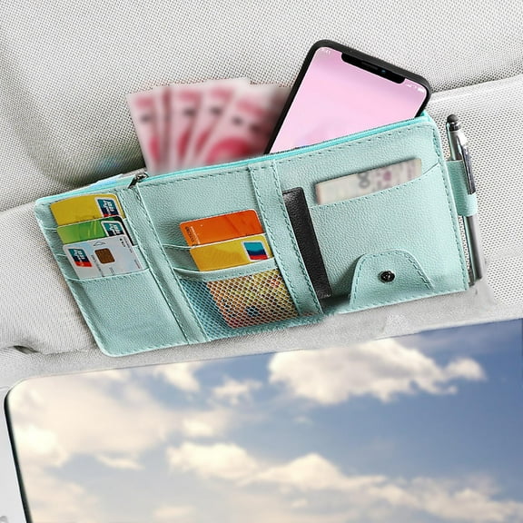 Car Visor Organizer - Leather Sunglasses Holders & Multi-Function Storage Bag for Cards, Pens, Chargers | 5.9x12.2 Inch Sun Visor Card Clip Pocket for Auto Accessories