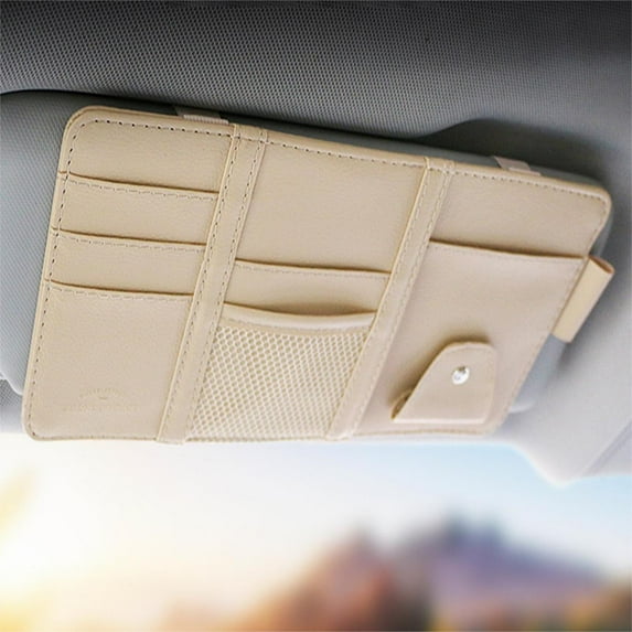 Car Visor Storage Bag, Leather Material, Multi-Pocket Organizer, Card Glasses Phone Storage, Zipper Design, Fits Most Cars, SUVs Trucks, Easy Installation