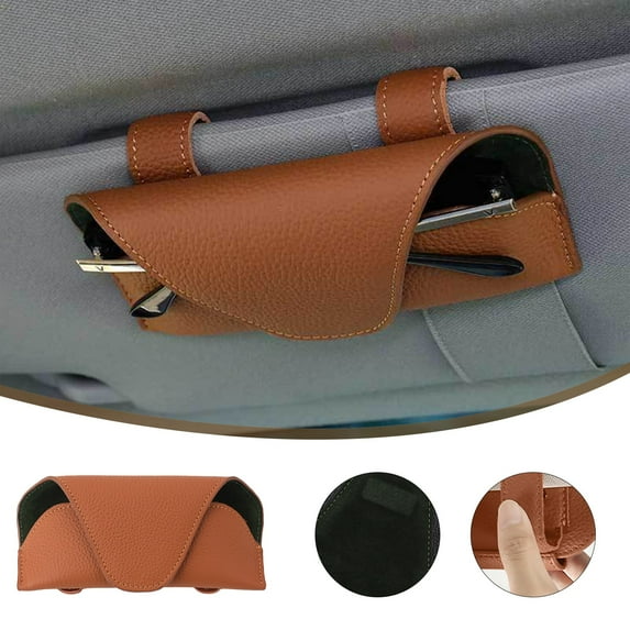 Car Visor Sunglasses Holder with Elastic Clip & PU Leather Case, Magnetic Closure for Secure Storage, Universal Fit for All Vehicles & Eyewear Types FAJHHA | Brown