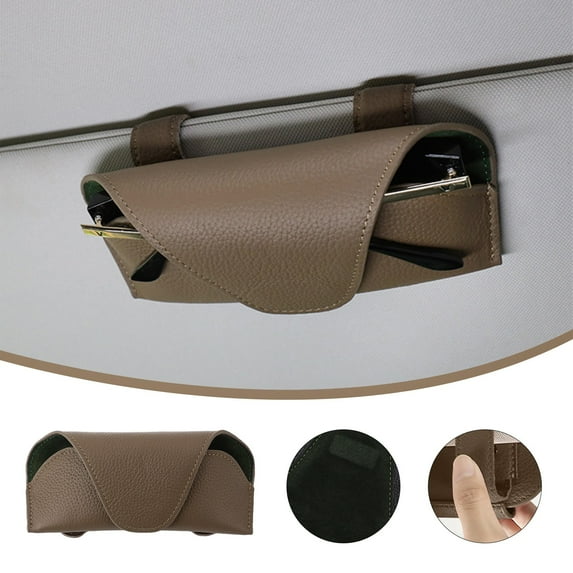Car Visor Sunglasses Holder with Elastic Clip & PU Leather Case, Magnetic Closure for Secure Storage, Universal Fit for All Vehicles & Eyewear Types FAJHHA | Khaki