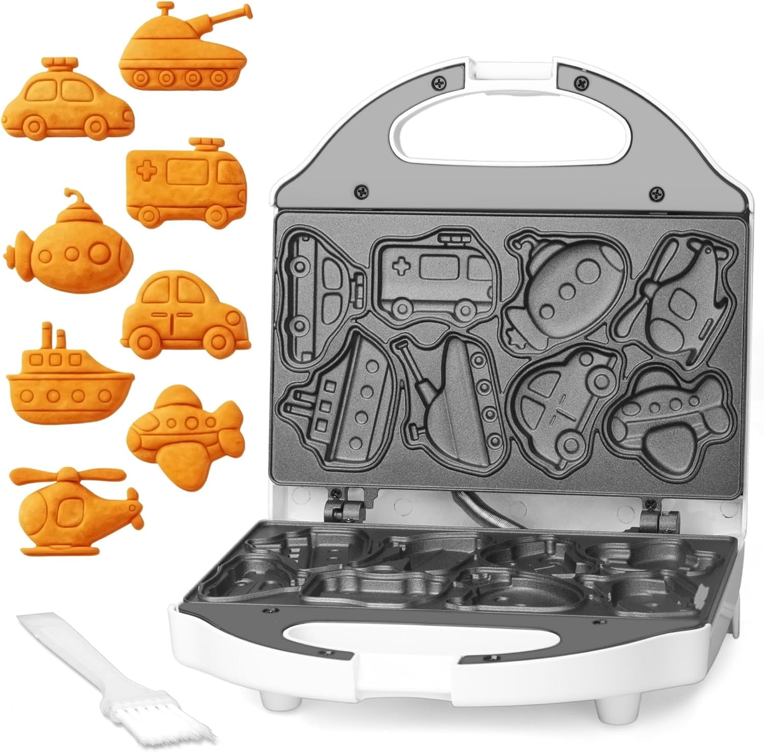 Car Waffle Maker for Kids, Halloween & Christmas Mini Waffle Maker, 8 Fun Vehicle Shaped Mini Pancake Maker, Non Stick Surface, Excellent Gift, White